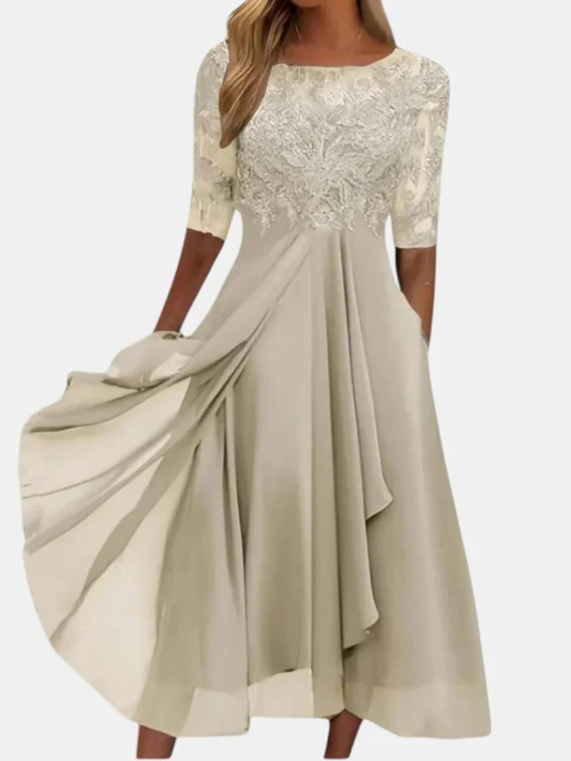 Lace Bodice Boat Neck Half Sleeve Chiffon Midi Dress