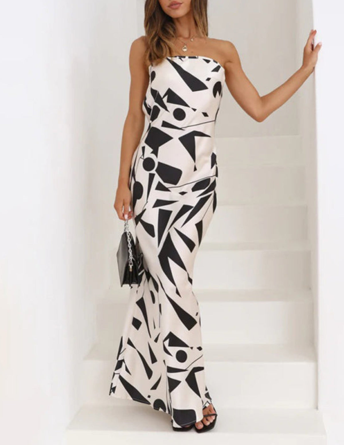 Strapless Geometric Print Satin Bodycon Mermaid Maxi Dress 3