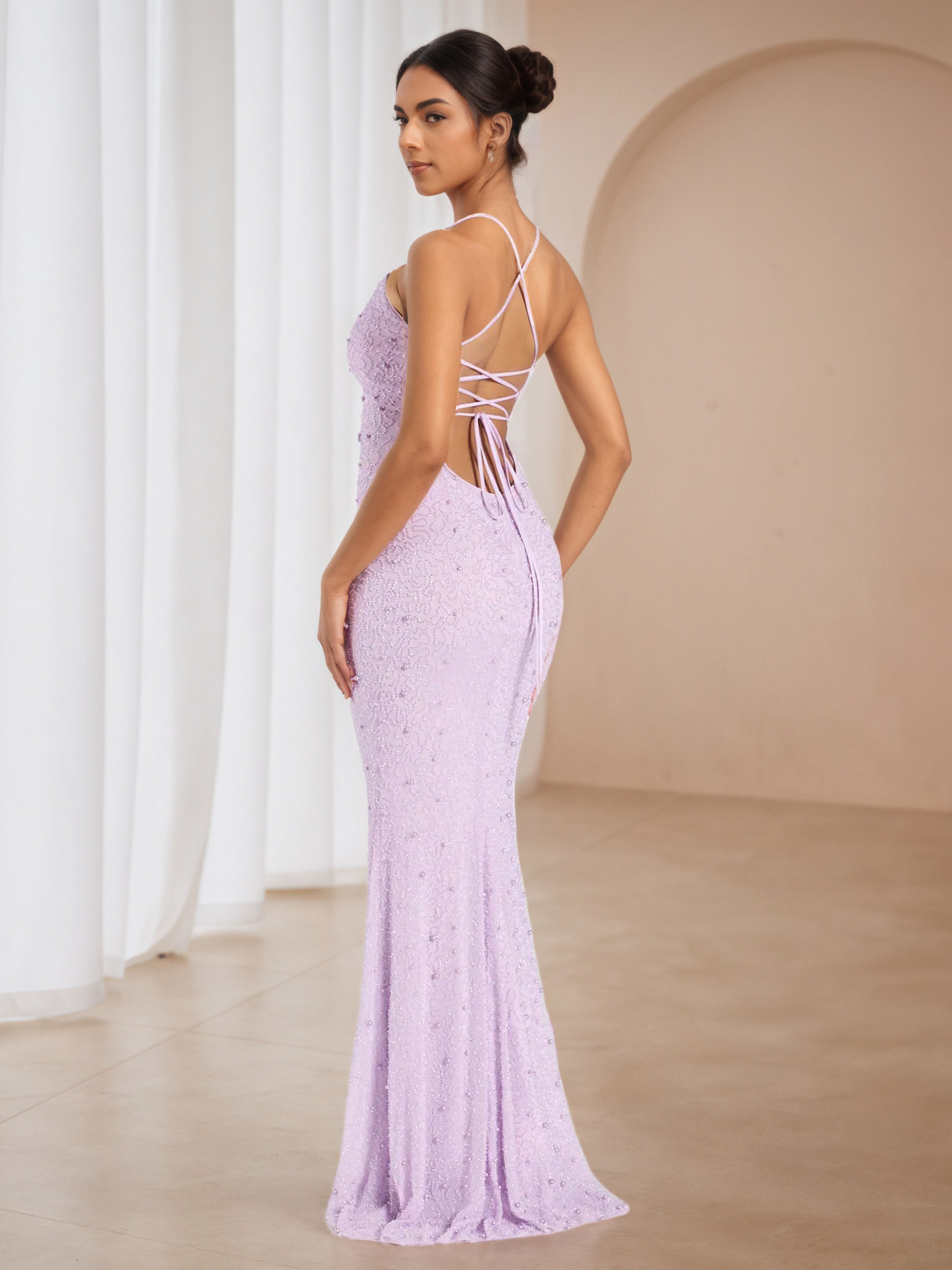 V-Neck Lilac Spaghetti Straps Formal Dresses