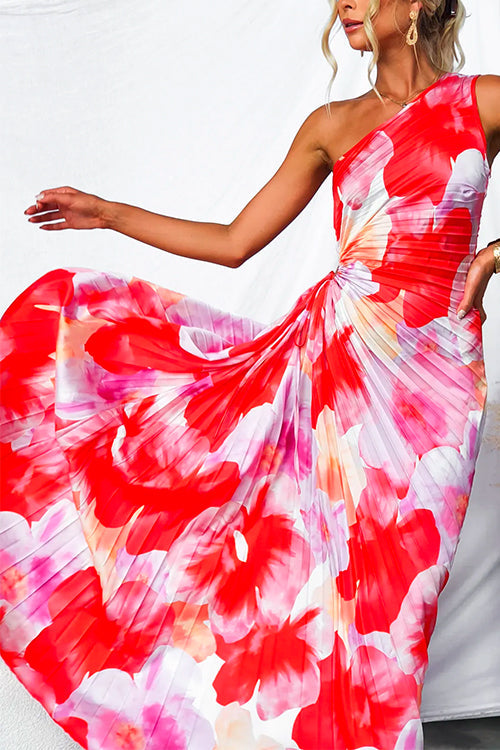 Floral Print One Shoulder Pleated Maxi Dress