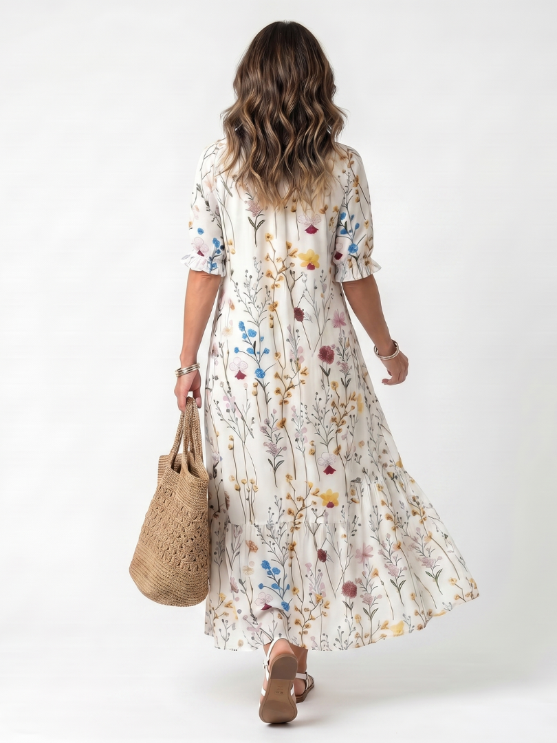 Floral Print V-Neck Puff Sleeve Tie Neck Tiered Maxi Dress