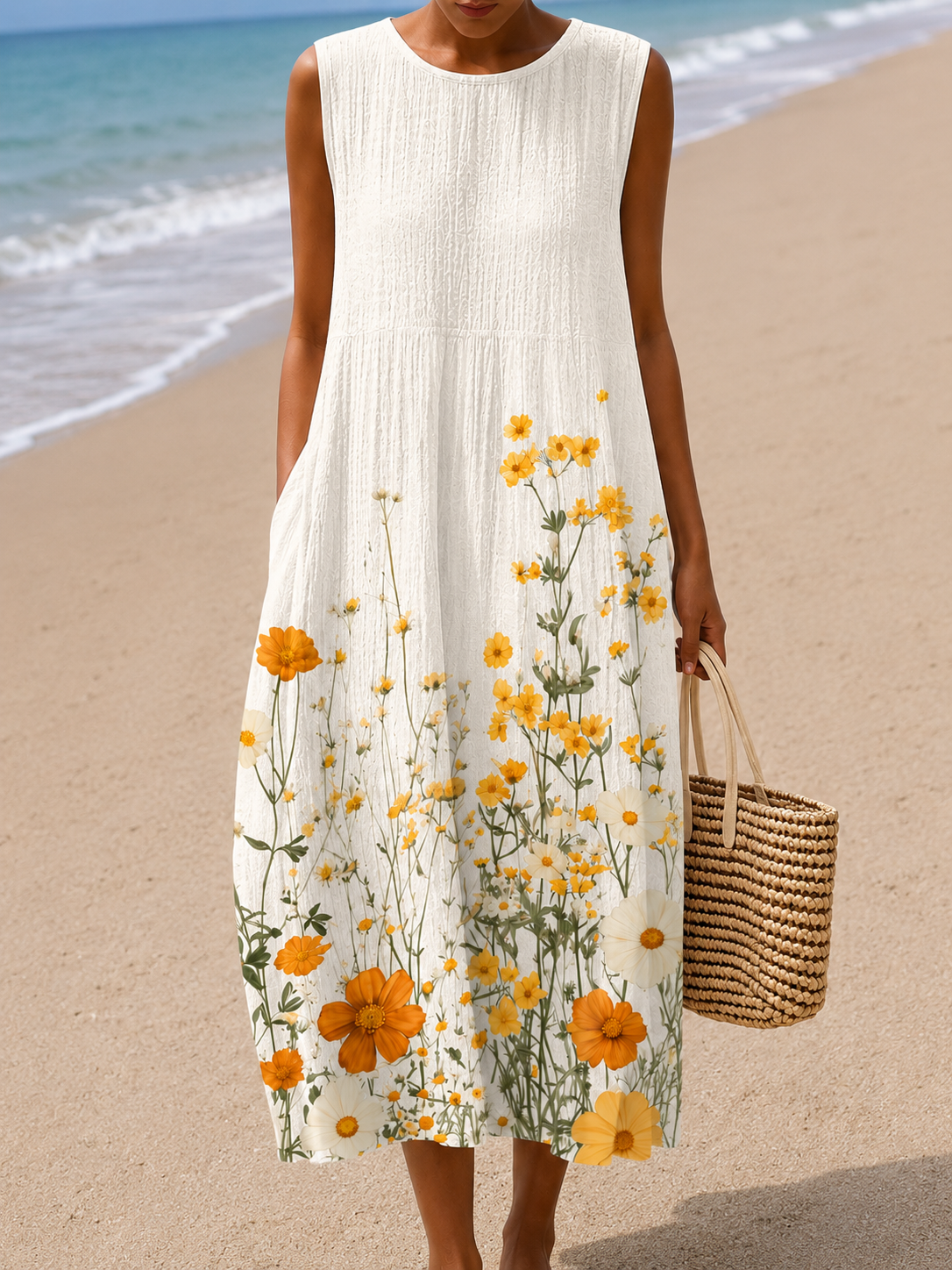 Floral Print Round Neck Sleeveless Midi Dress