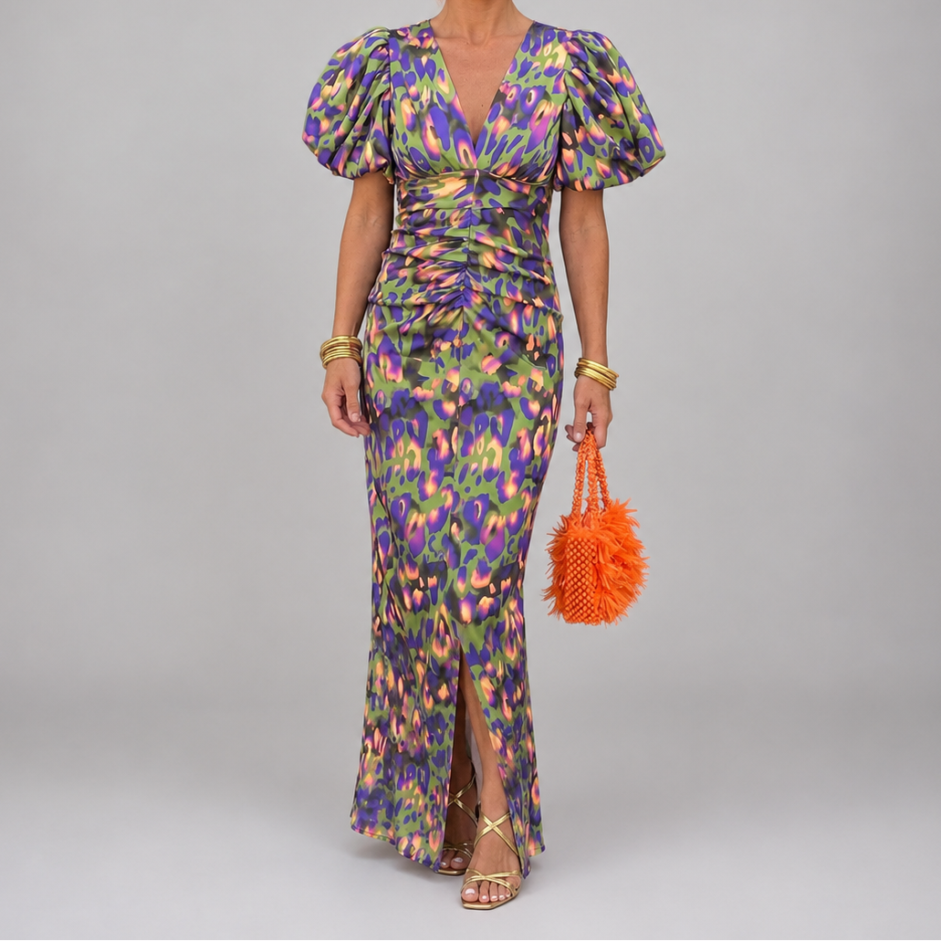 Ikat Print Deep V-Neck Puff Sleeve High Split Maxi Dress