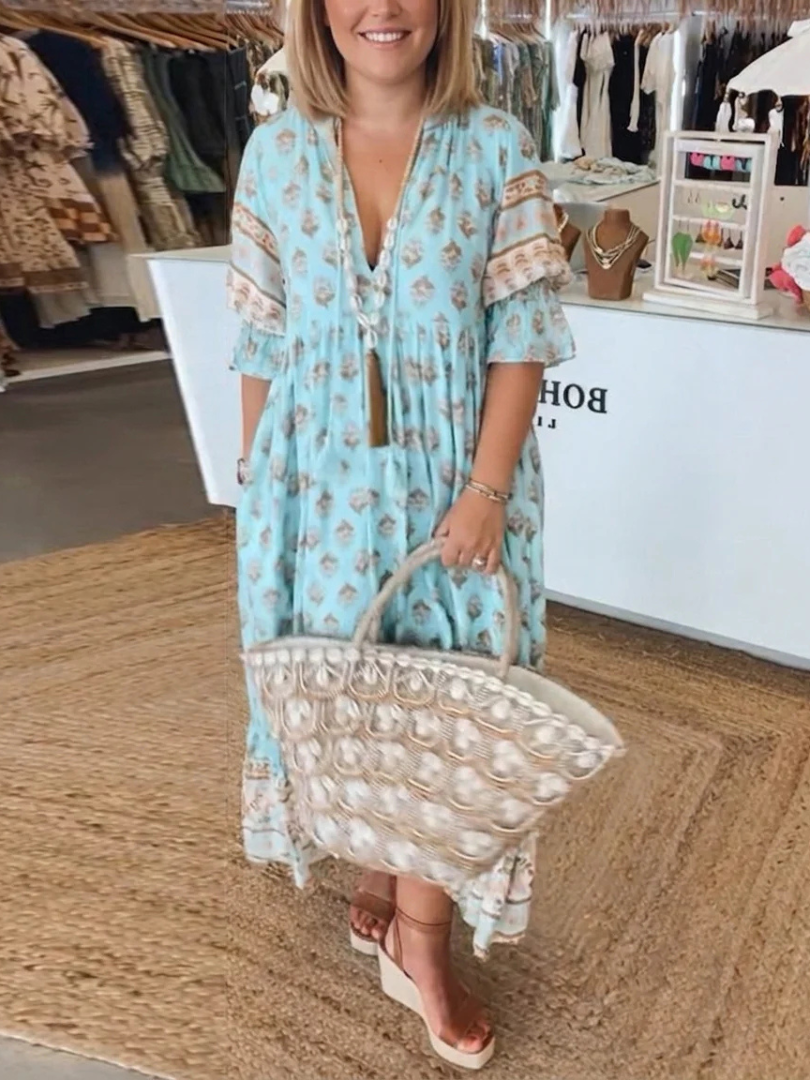 Floral Print V-Neck Bell Sleeve Tiered Boho Maxi Dress
