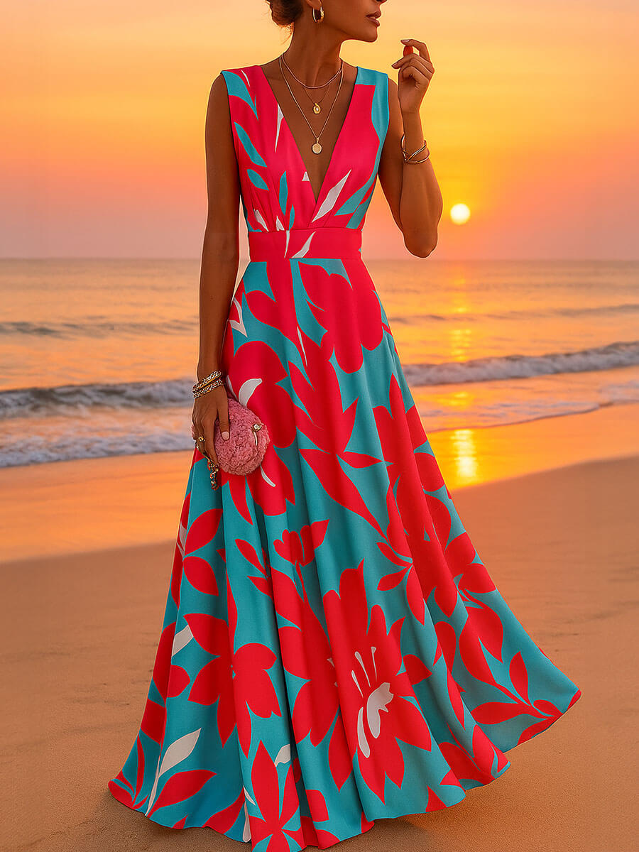 Tropical Floral Deep V-Neck Sleeveless Maxi Dress