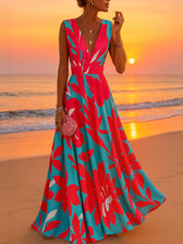 Tropical Floral Deep V-Neck Sleeveless Maxi Dress