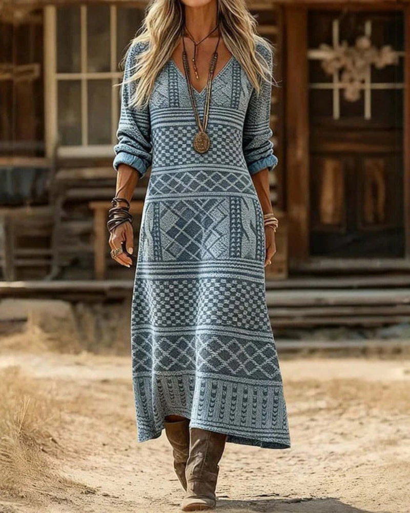 Embroidered V-Neck Long Sleeve A-Line Maxi Dress