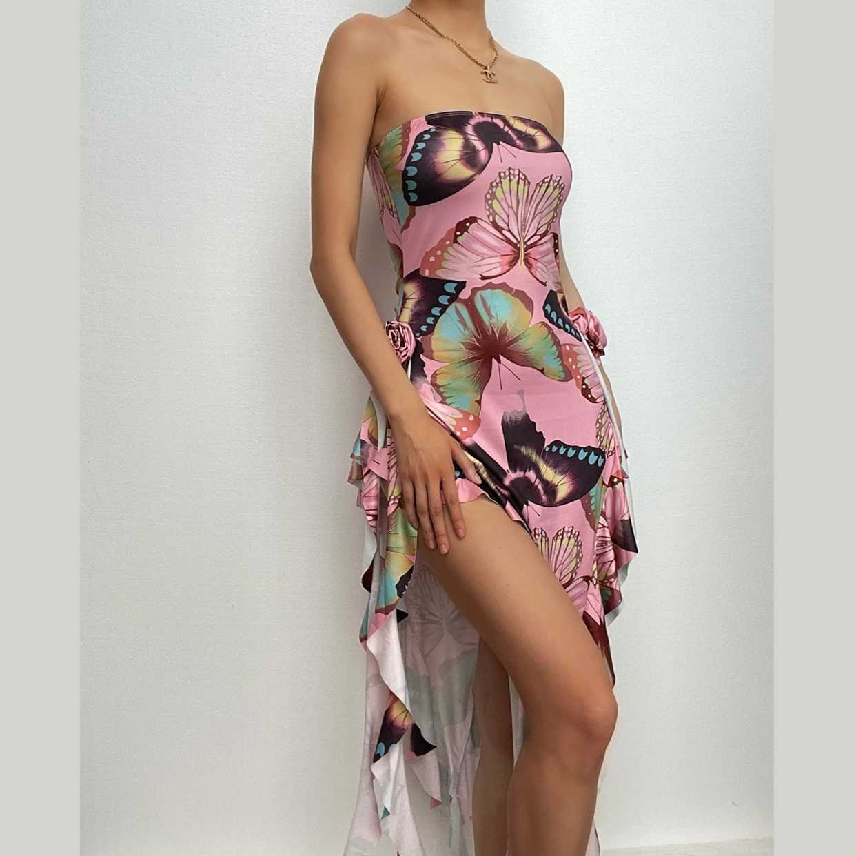 Butterfly print ruffle ribbon flower applique contrast backless maxi dress 2