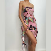 Butterfly print ruffle ribbon flower applique contrast backless maxi dress 2