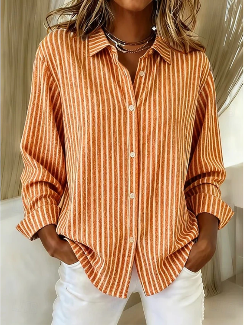 Striped Collared Button Front Long Sleeve Shirt