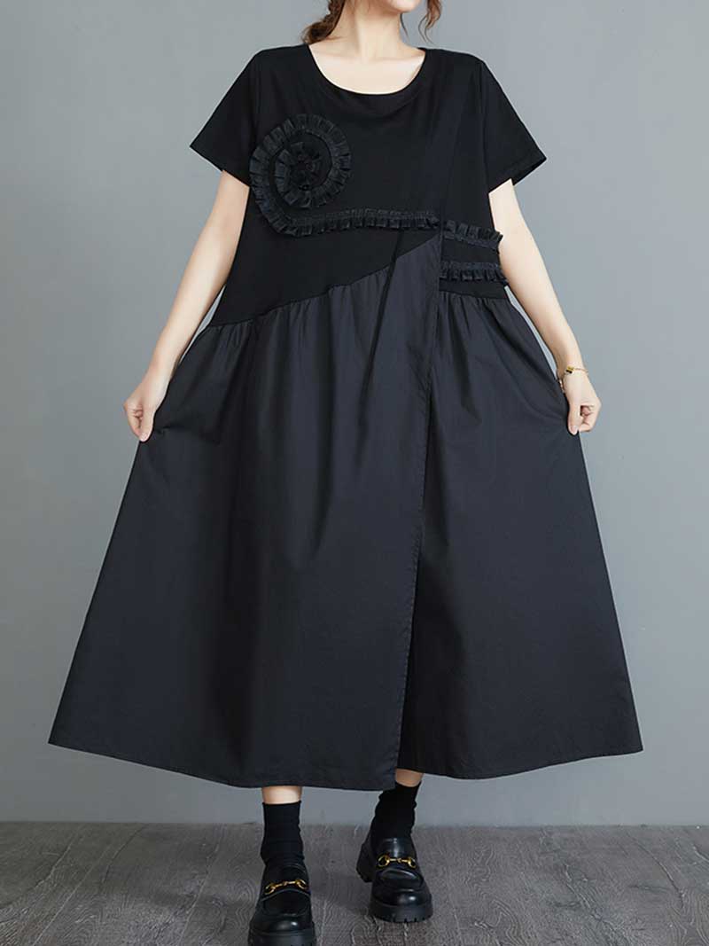 Round Neck Short Sleeve Ruffle Rosette Patchwork Loose Midi Dress