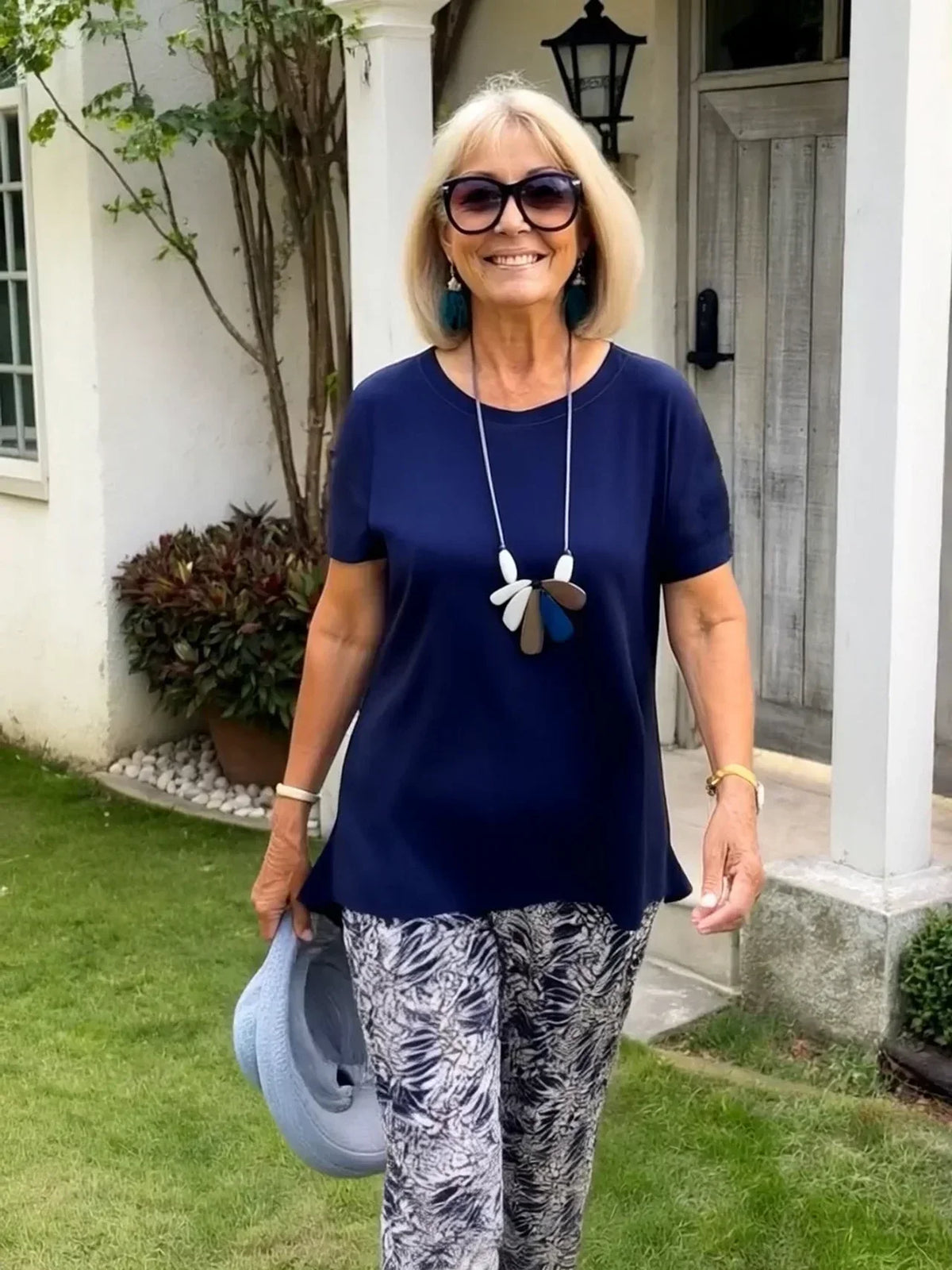 Short Sleeve Top and Leaf Print Pants Two Piece Set