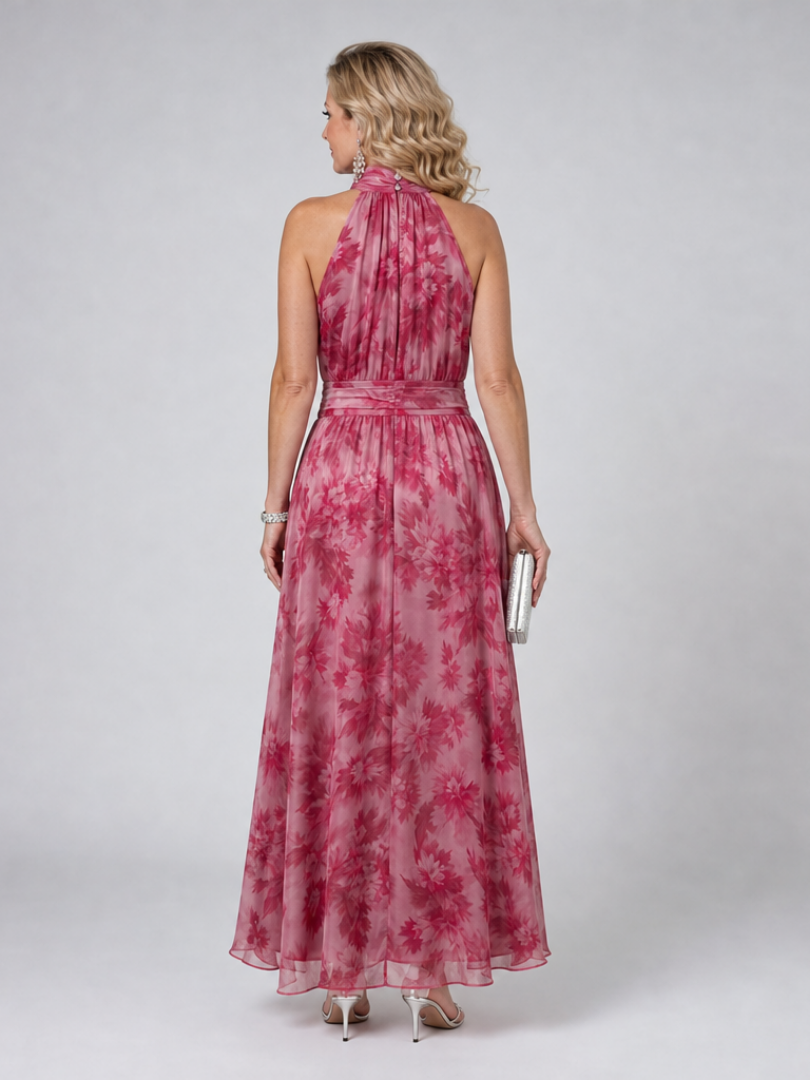 Floral Print Halter Neck Chiffon Maxi Dress
