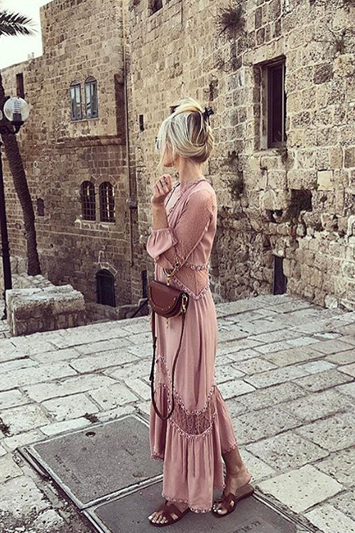 Pink Lace Irregular Hem Maxi Dress - View 4