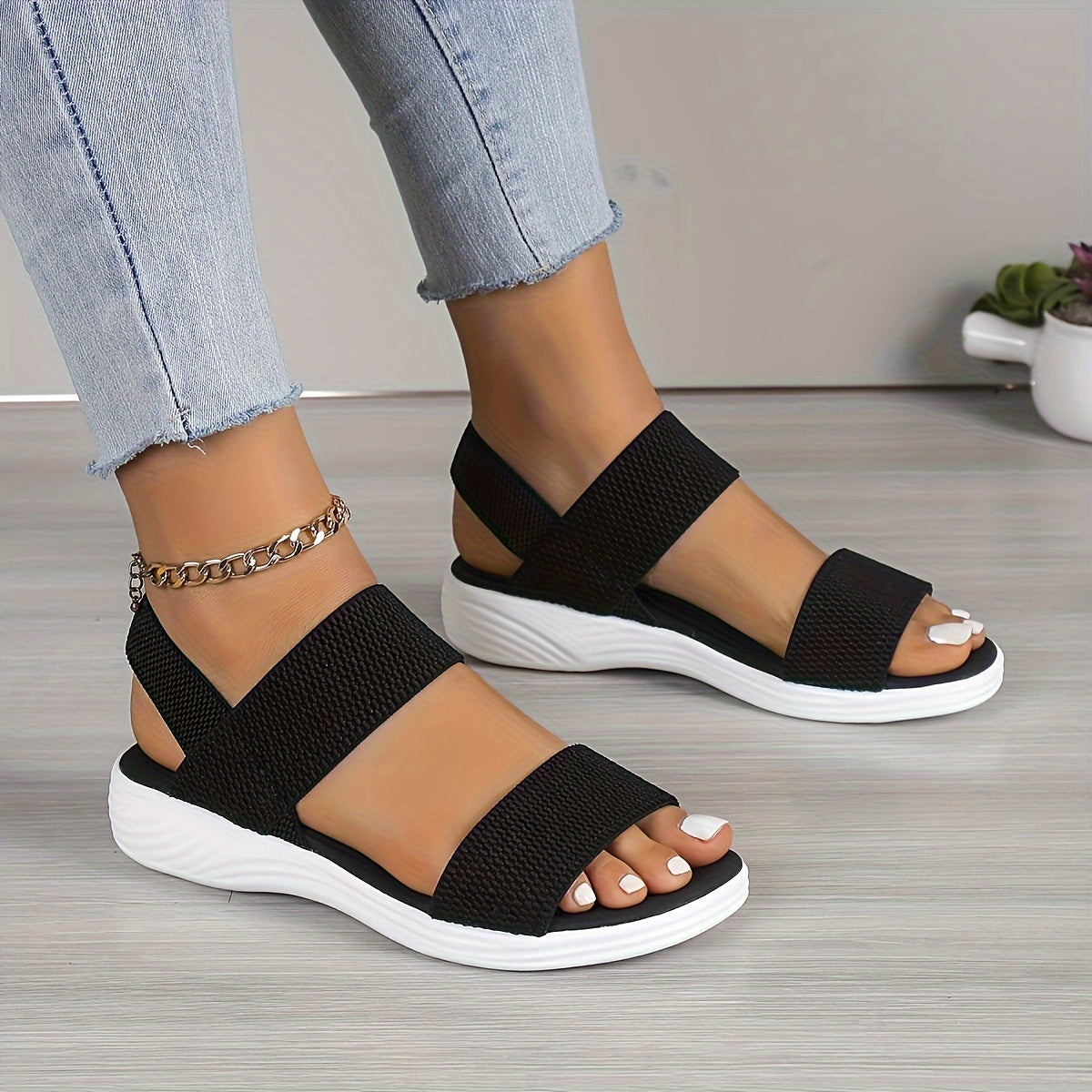 Open Toe Elastic Double Band Platform Slide Sandals
