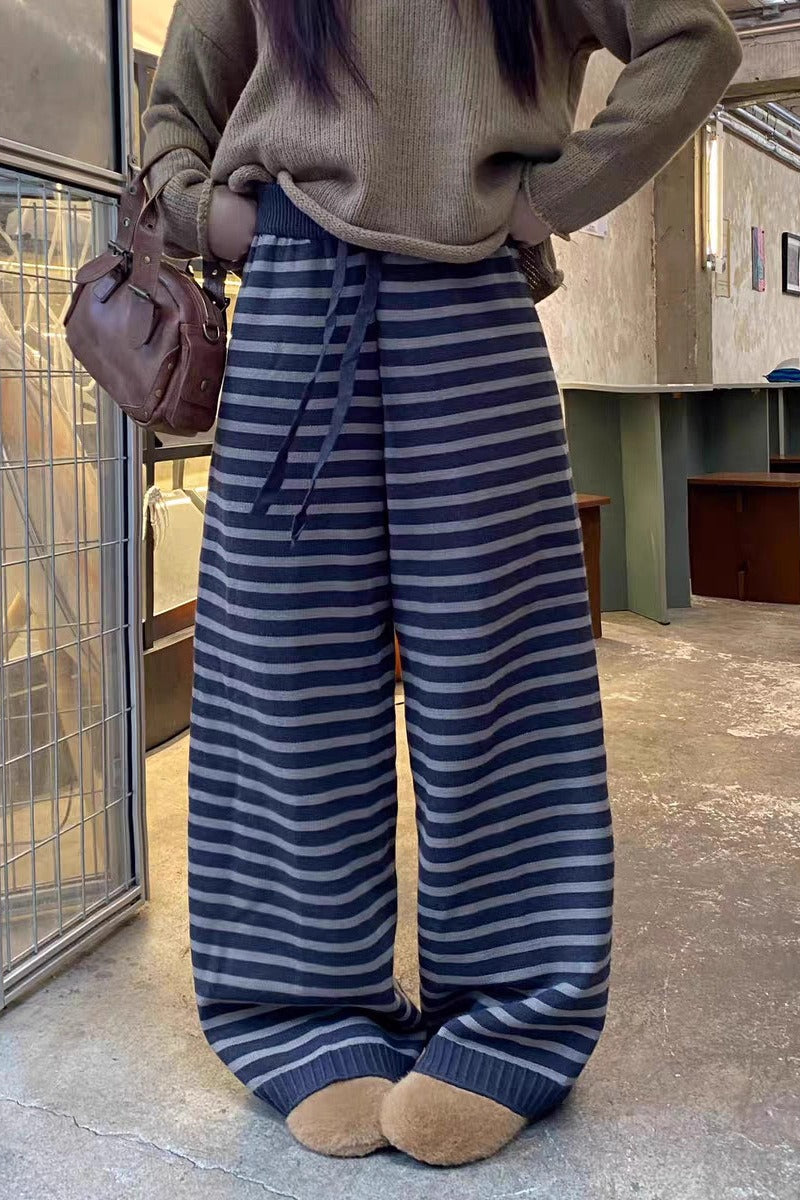Striped Knit Drawstring Waist Ribbed Hem Wide Leg Sweater Pants