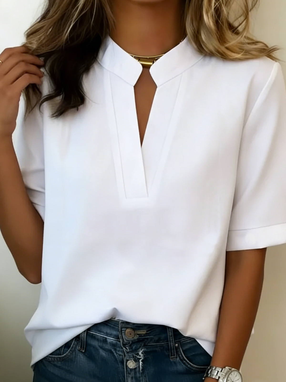 Stand Collar V-Neck Short Sleeve Blouse