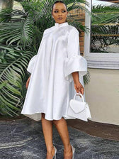 Satin Stand Collar Bell Sleeve Swing Midi Dress 4