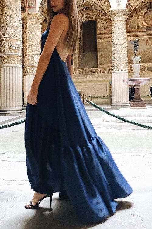 Spaghetti Strap V-Neck Tiered Ruffle Hem Maxi Dress