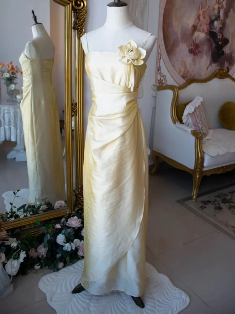 Vintage Yellow Floral Embellished Evening Gown Fairy Princess Party Evening Dress cc1509