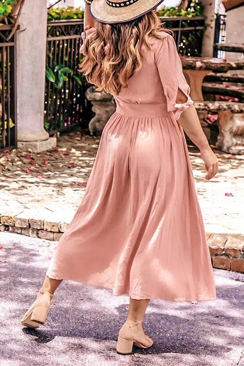 Deep V-Neck Puff Sleeve Tie Cuff Button Front Wide Waistband A-Line Midi Dress