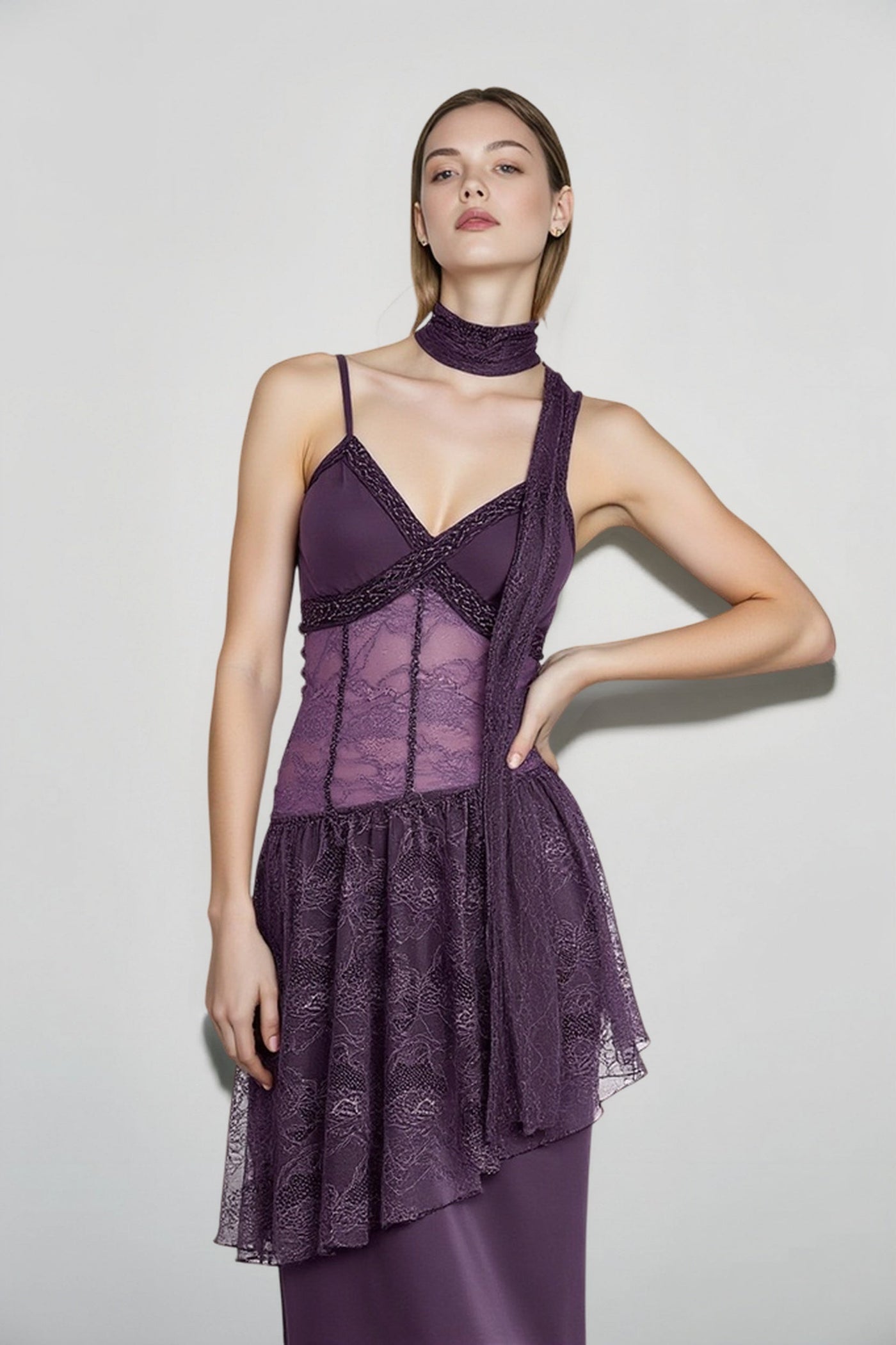 Lace Trim Sheer Waist Tie Cami Maxi Lace Dress