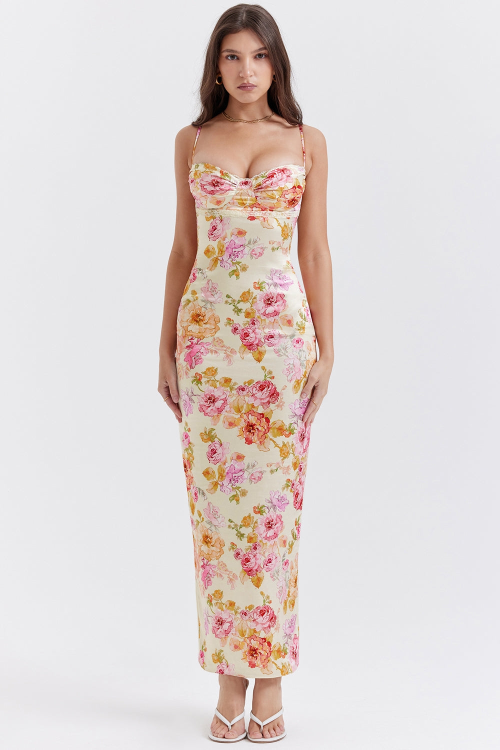 Floral Satin Sweetheart Ruched Bust Spaghetti Strap Maxi Dress 3