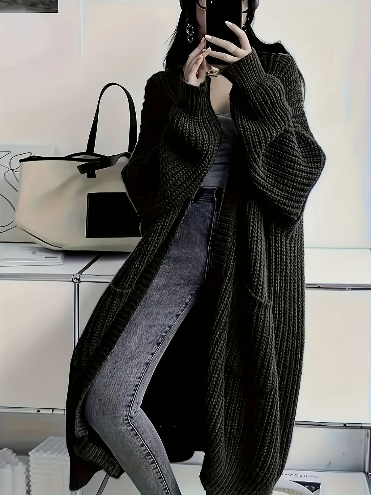 Waffle Knit Longline Open Front Cardigan