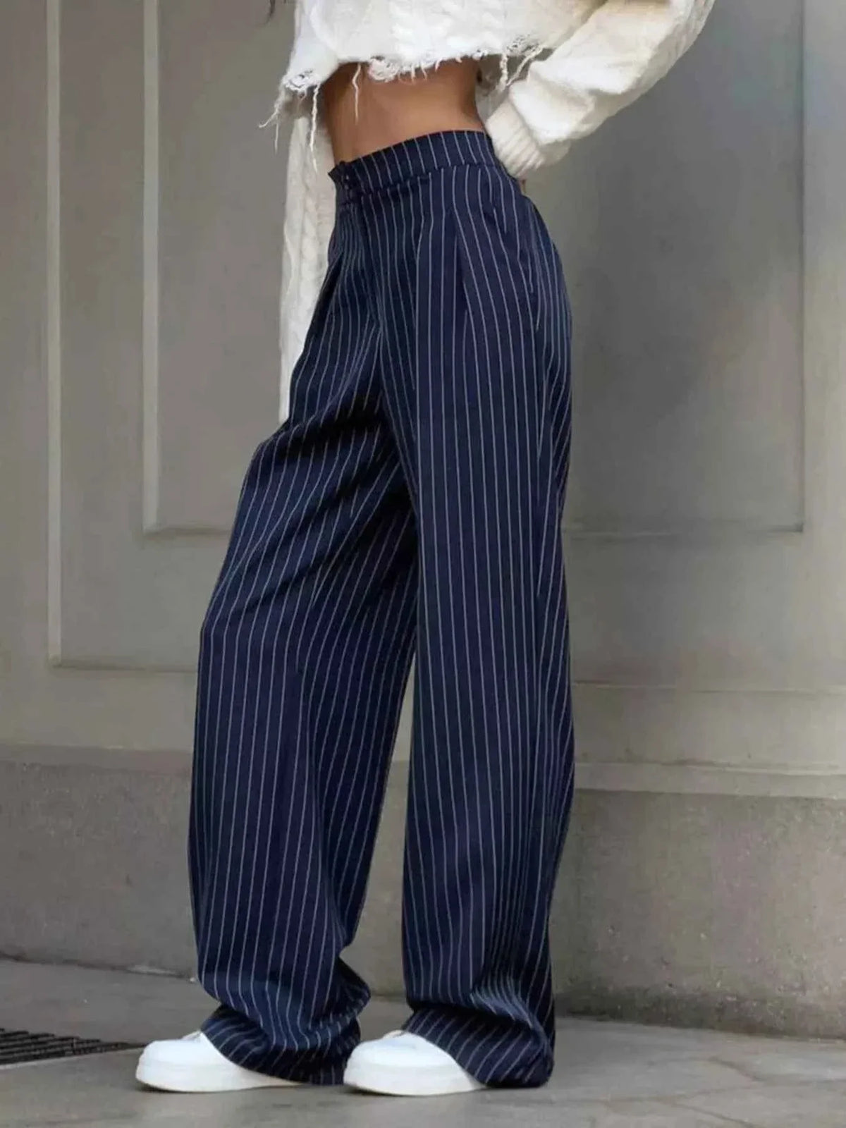 Pinstripe High Waist Pleated Wide Leg Trousers 2