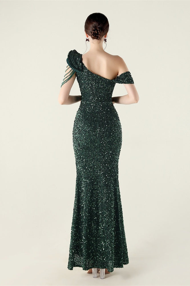 Sequin One Shoulder Ruffle High Split Mermaid Gown