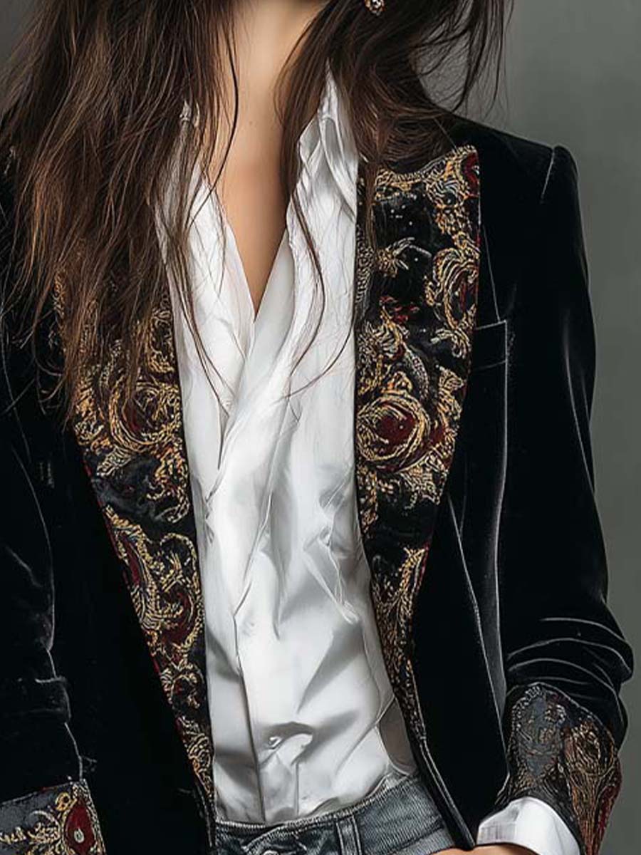 Baroque Print Lapel Velvet Longline Blazer 5