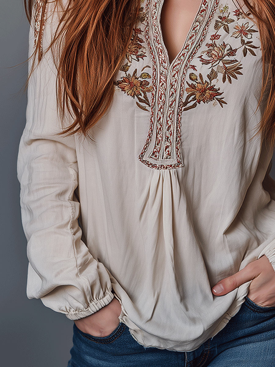 Casual Bohemian Style Floral Embroidered Pastoral Style Shirt