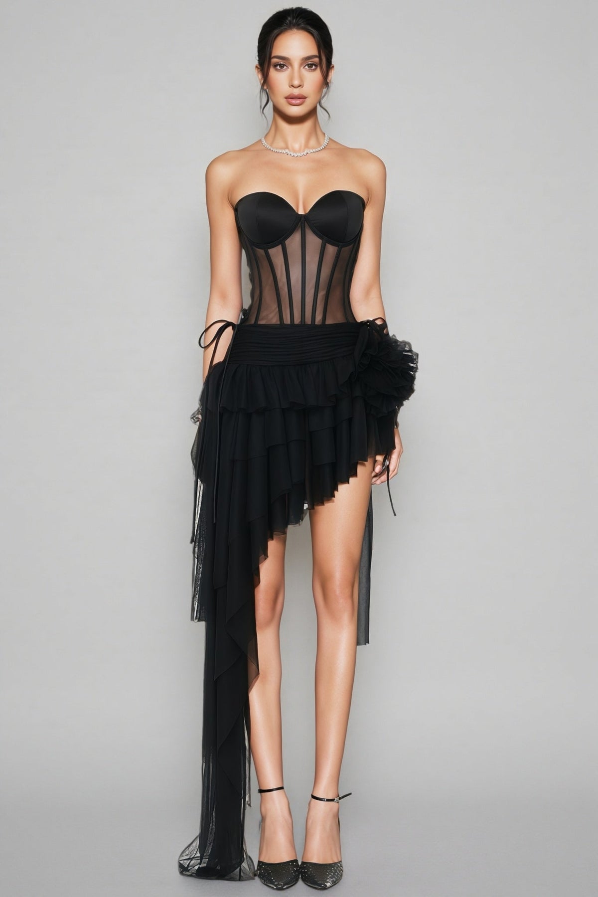 Strapless Mesh Corset Top and Tiered Ruffle Asymmetric Skirt Two Piece Set