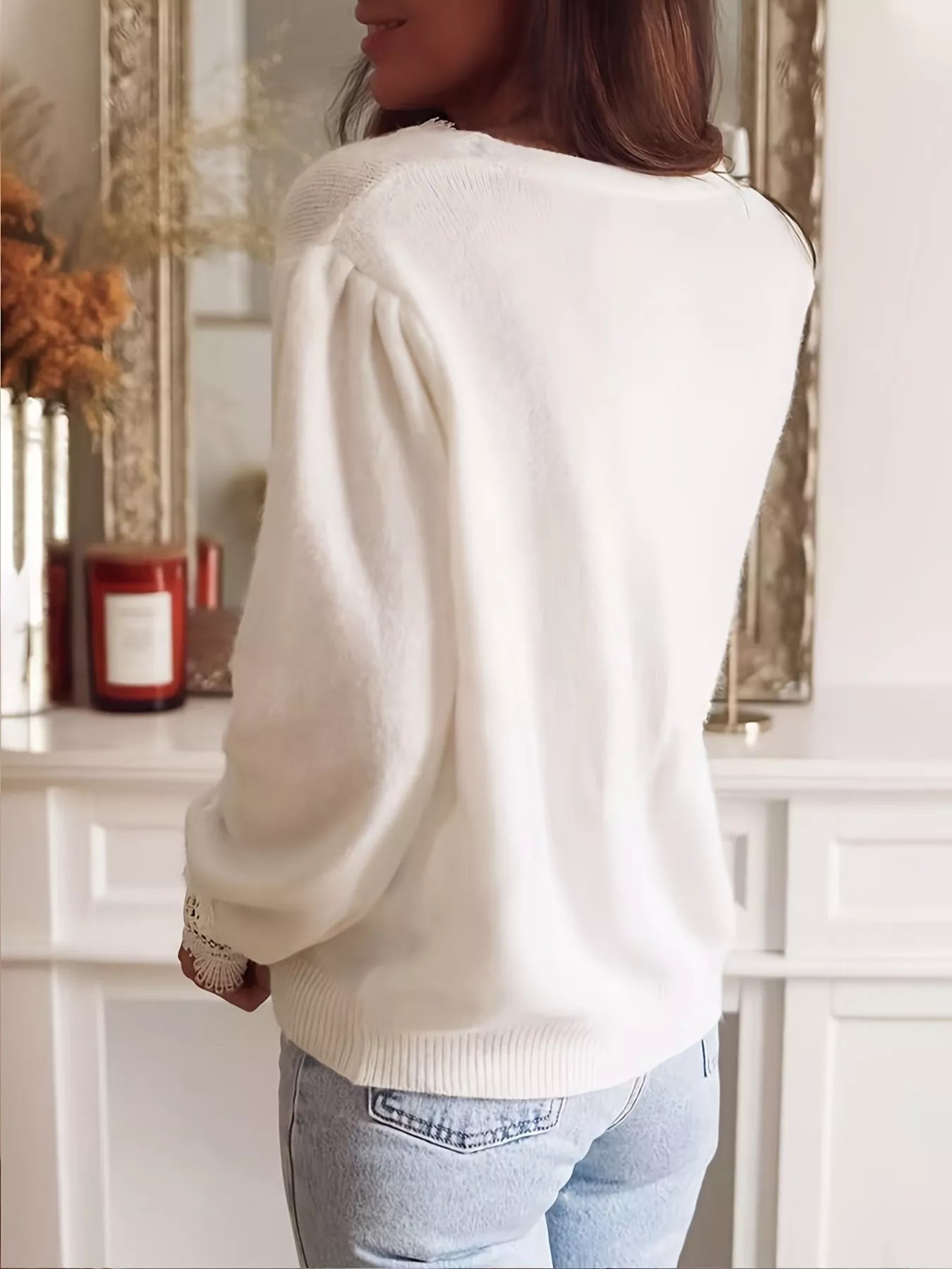 Lace-Trimmed V-Neck Button-Down Cardigan