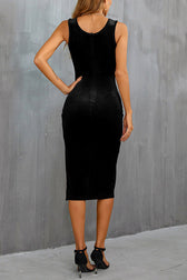 Solid Color Velvet Square Neck Slim Fit Slit Midi Dress - View 8