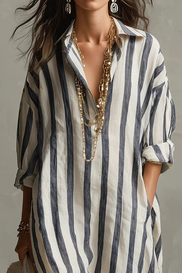 Casual Striped Shirt Bohemian Style Maxi Dress