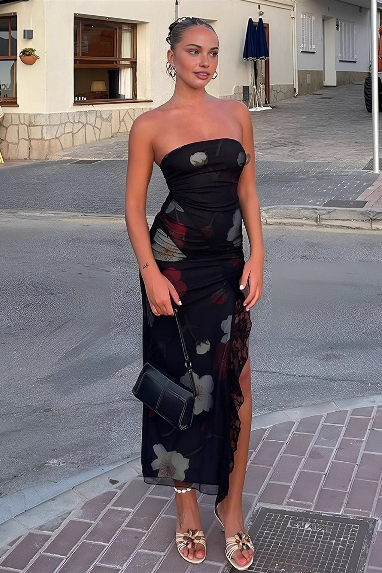 Off Shoulder Mesh Strapless Slit Slim Floral Dress 5
