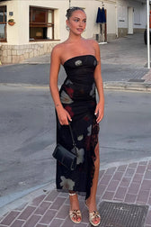 Off Shoulder Mesh Strapless Slit Slim Floral Dress 5