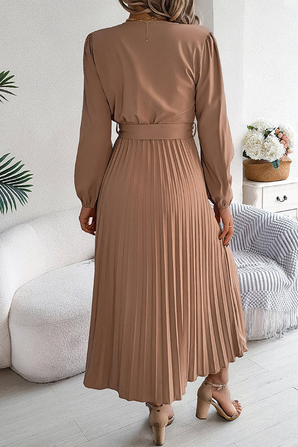 Solid Color Elegant V-neck Buttoned Lace-up Pleated Maxi Dress - View 10