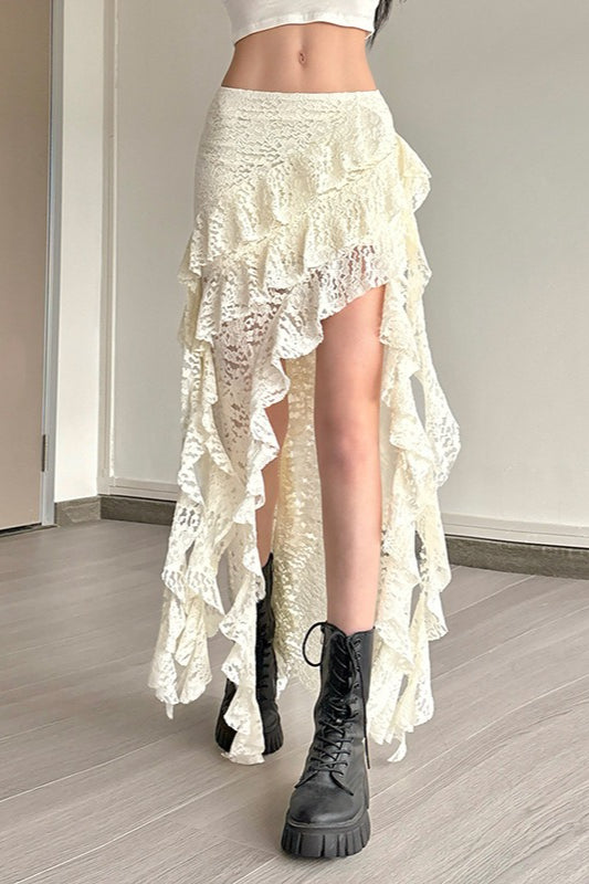 Lace Overlay Wave Detail Bodycon Skirt