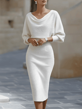Knit Cowl Neck Batwing Long Sleeve Bodycon Midi Dress