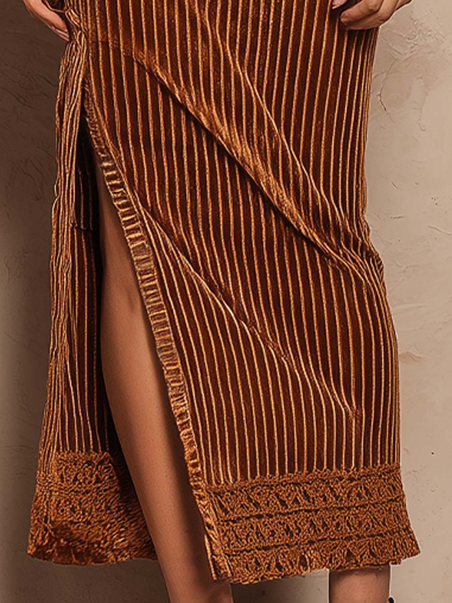Caramel Velvet Striped Slit Lace Hem Midi Dress