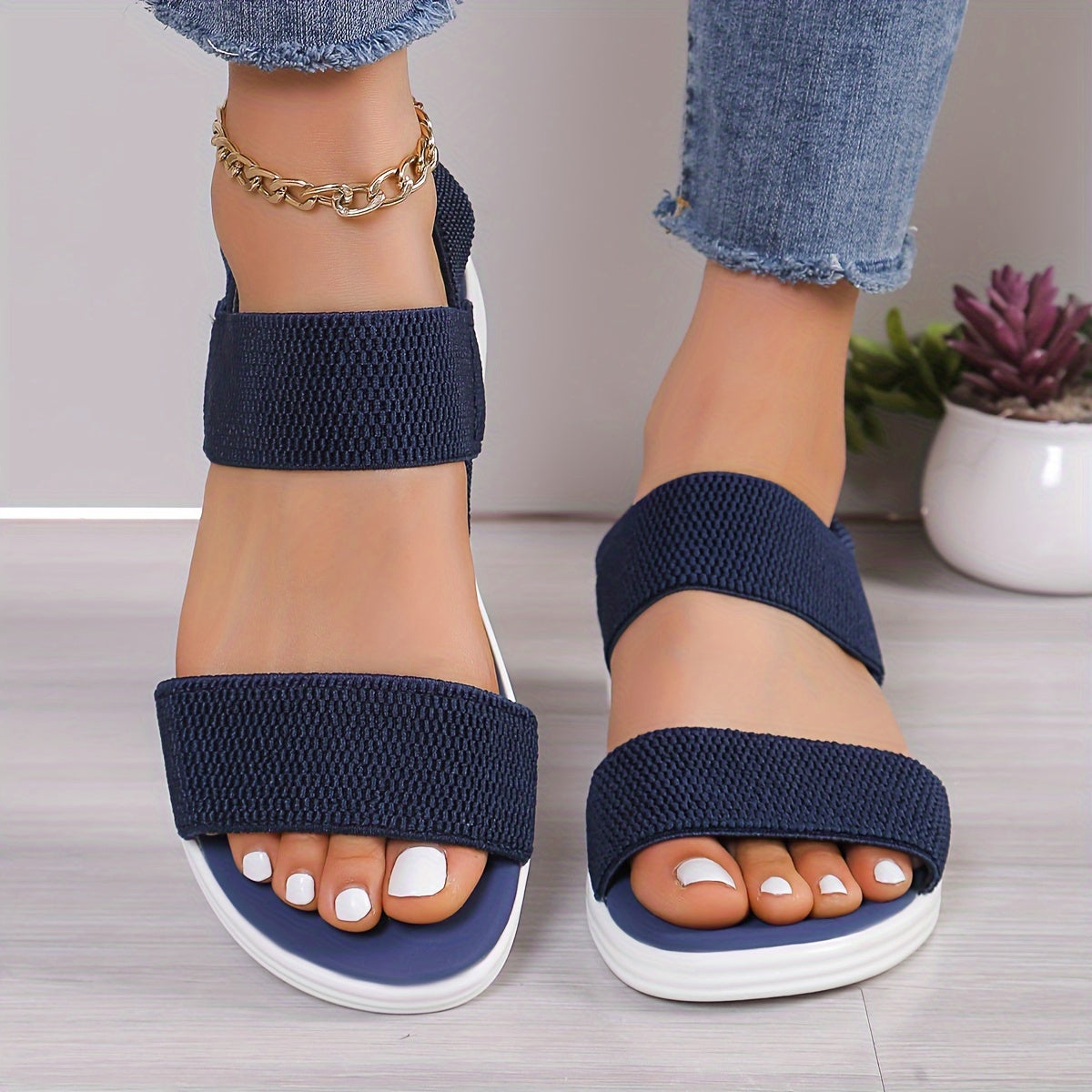 Open Toe Elastic Double Band Platform Slide Sandals