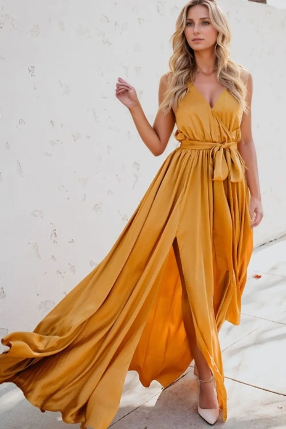 Satin Surplice V-Neck Sleeveless Tie Waist High Split Maxi Dress