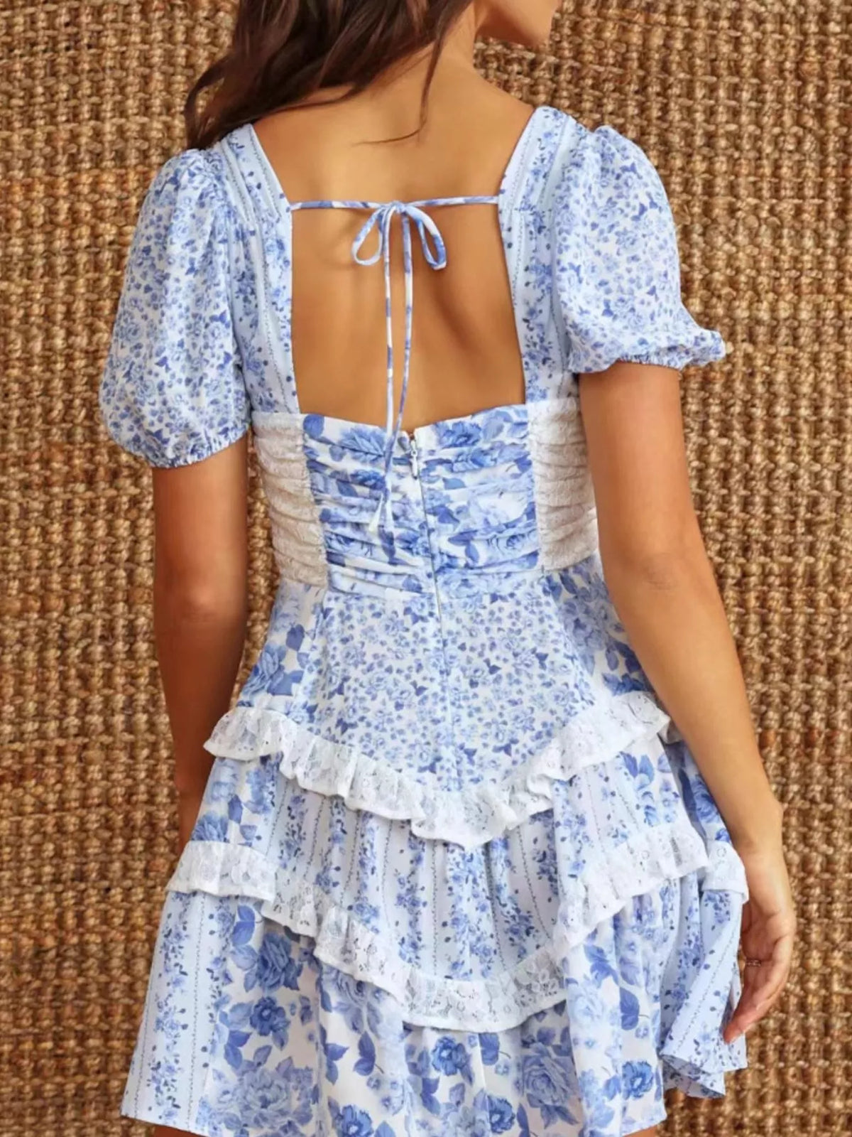 Floral Print Lace Trim Sweetheart Puff Sleeve Tiered Mini Dress 25