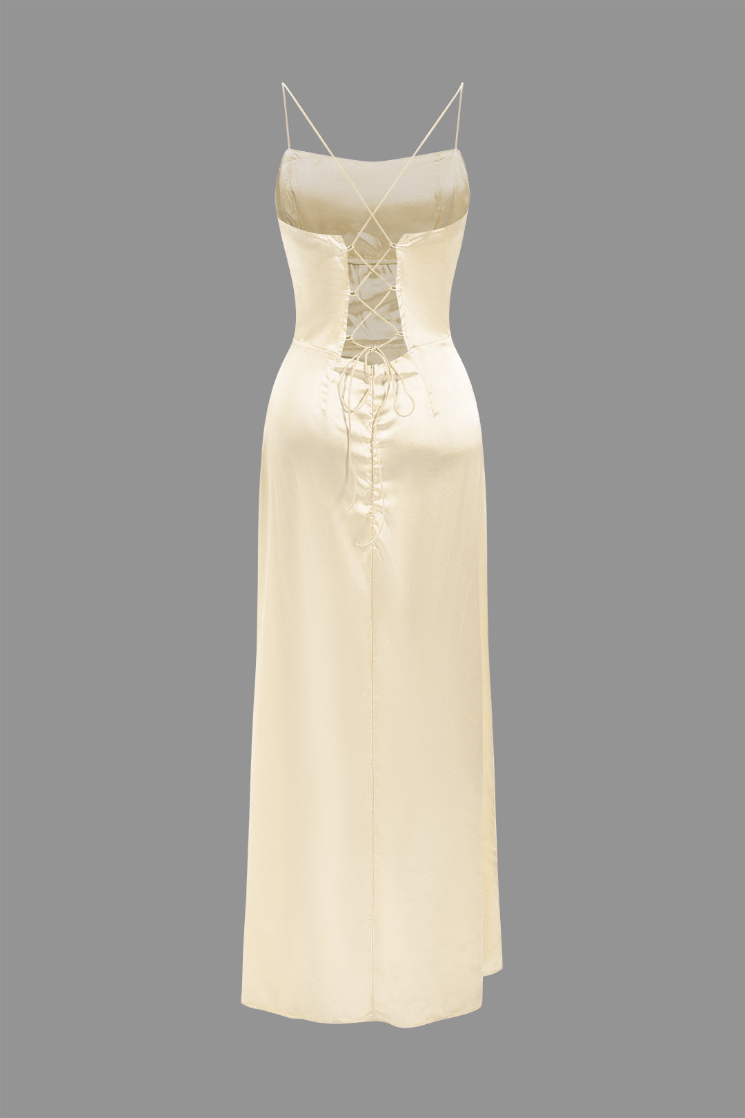 Satin Cowl Neck Corset Bodice Spaghetti Strap High Split Maxi Gown 17