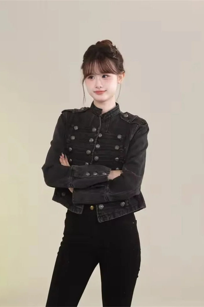 Cropped Denim Military Jacket