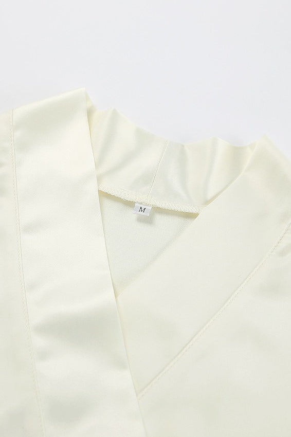 White Satin Long Sleeve Tie Blouse