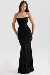Strapless Lace Backless Waist Tie Maxi Lace Dress