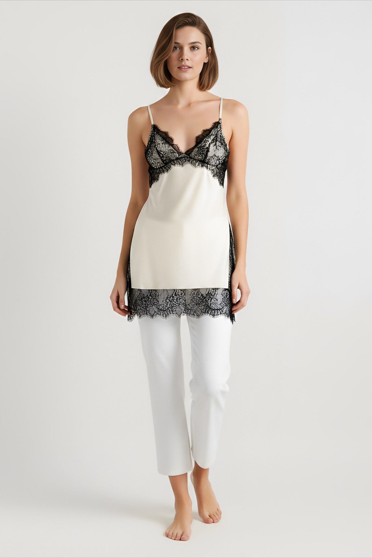 Satin Contrast Lace Trim V-Neck Side Split Longline Cami Top